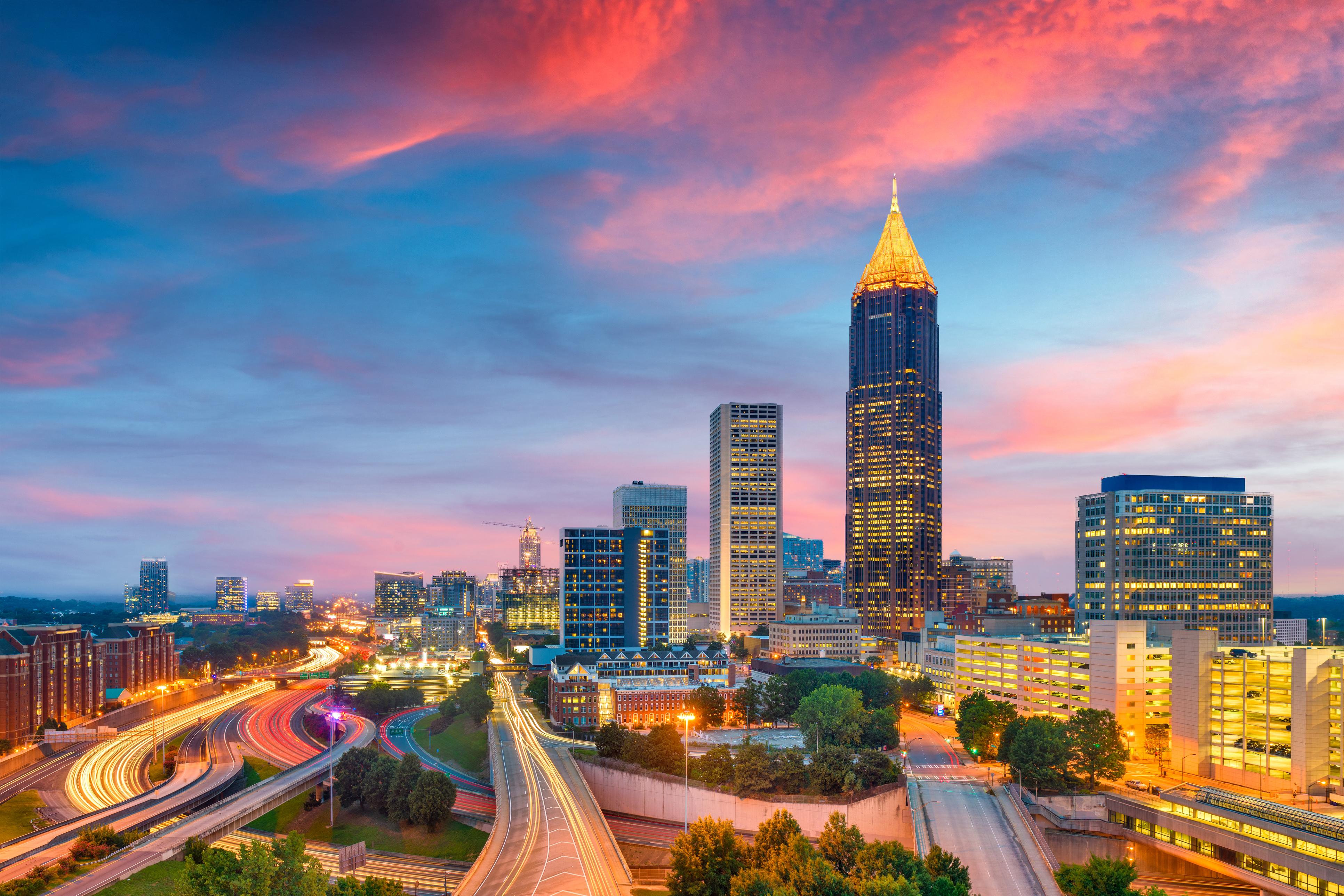 View of downtown Atlanta Skyline at dusk.